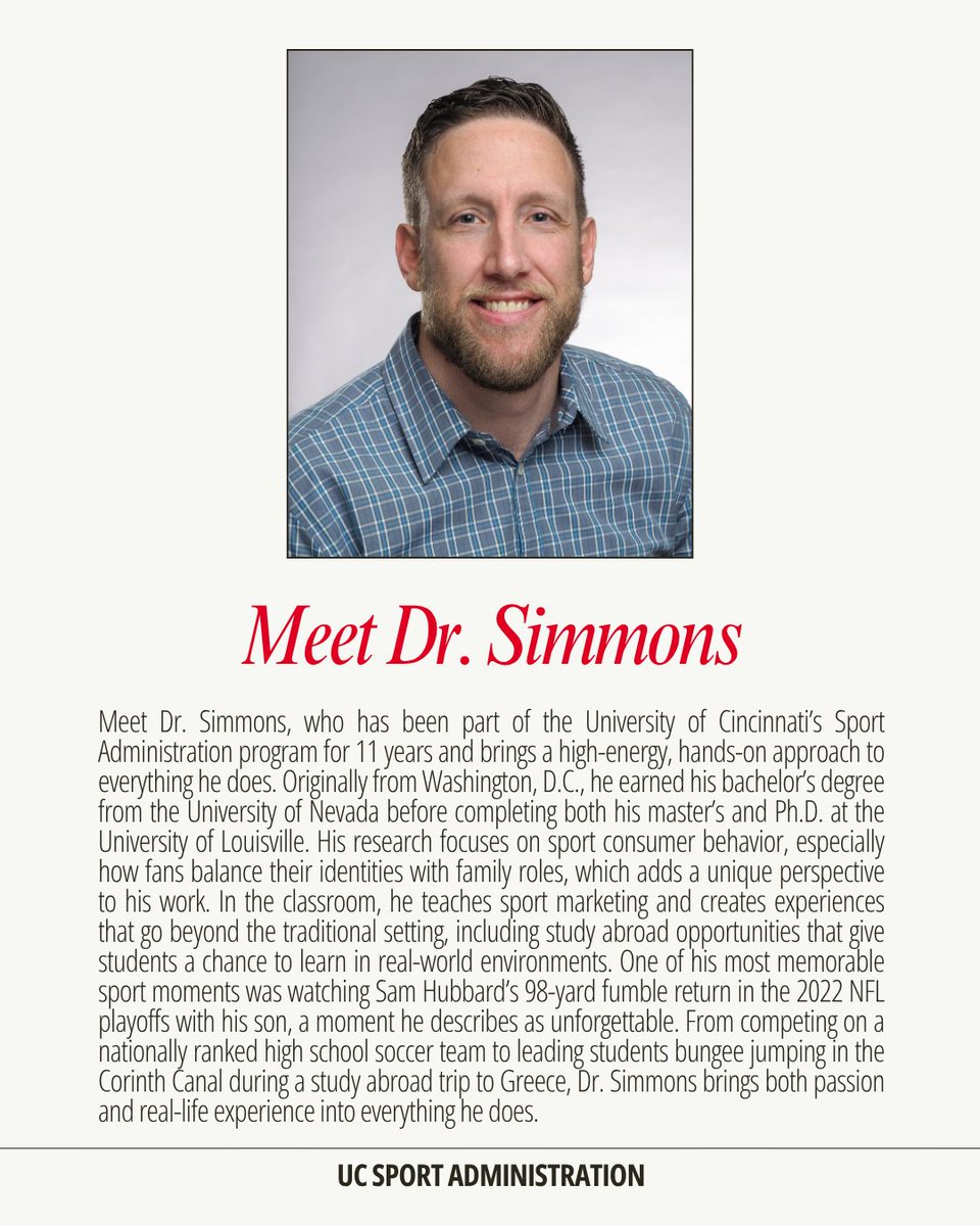 UC_SPAD's tweet photo. Faculty Spotlight of the Week: Dr. Jason Simmons

From teaching sport marketing to leading study abroad experiences, he creates opportunities that go beyond the classroom.

#UCSportAdministration #Bearcats https://t.co/3FyY1B8ehC