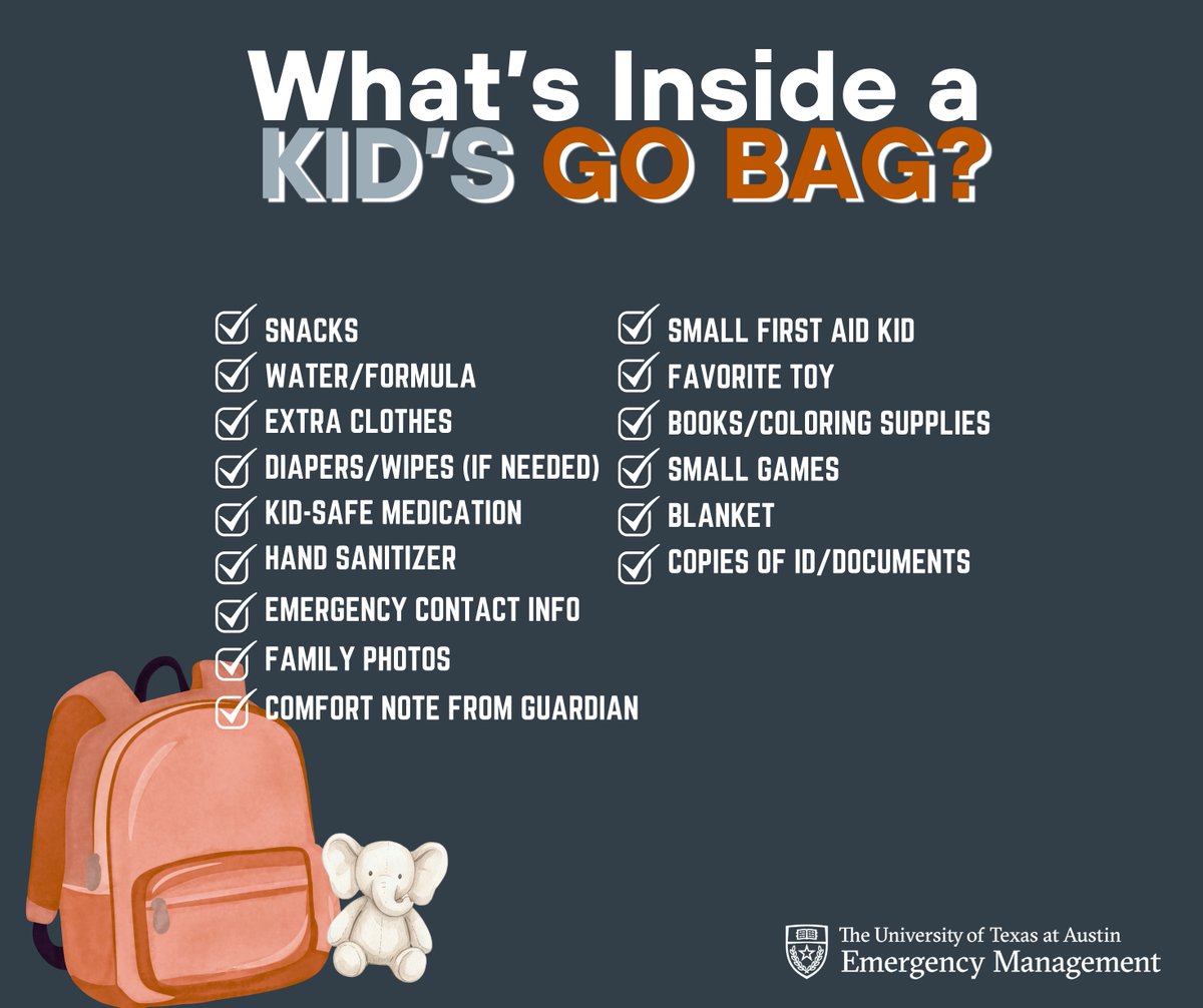 UTAustinOEM's tweet photo. A go-bag can make all the difference when emergencies happen unexpectedly ⏱️
The bag can be as simple as the essentials shown on our first slide, or more detailed as you scroll through the post!
Small prep now = less stress later.
Stay prepared. Be #UTReady 🤘 https://t.co/5A4PaPmBzk