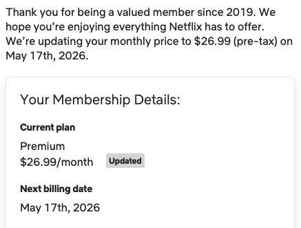 jerrylopezdev's tweet photo. Another day, another @netflix price increase 🥴 https://t.co/2bPFKkna6b