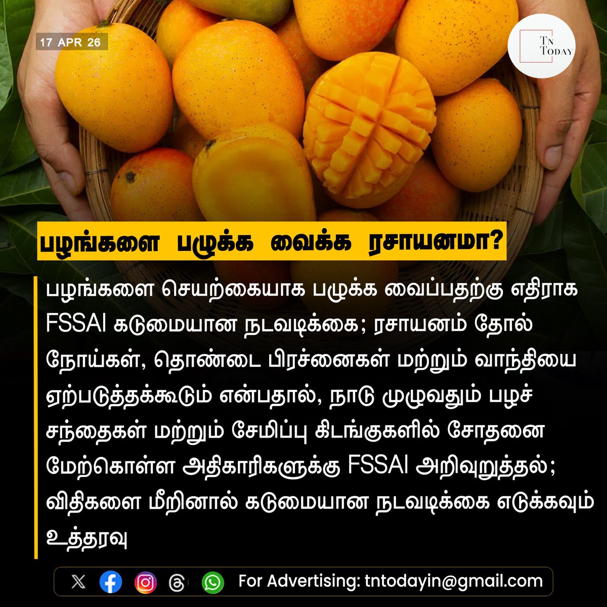 TnToday283379's tweet image. பழங்களை பழுக்க வைக்க ரசாயனமா?

#fruits #FSSAI #tamilnadu #foodsafety #tntodayin