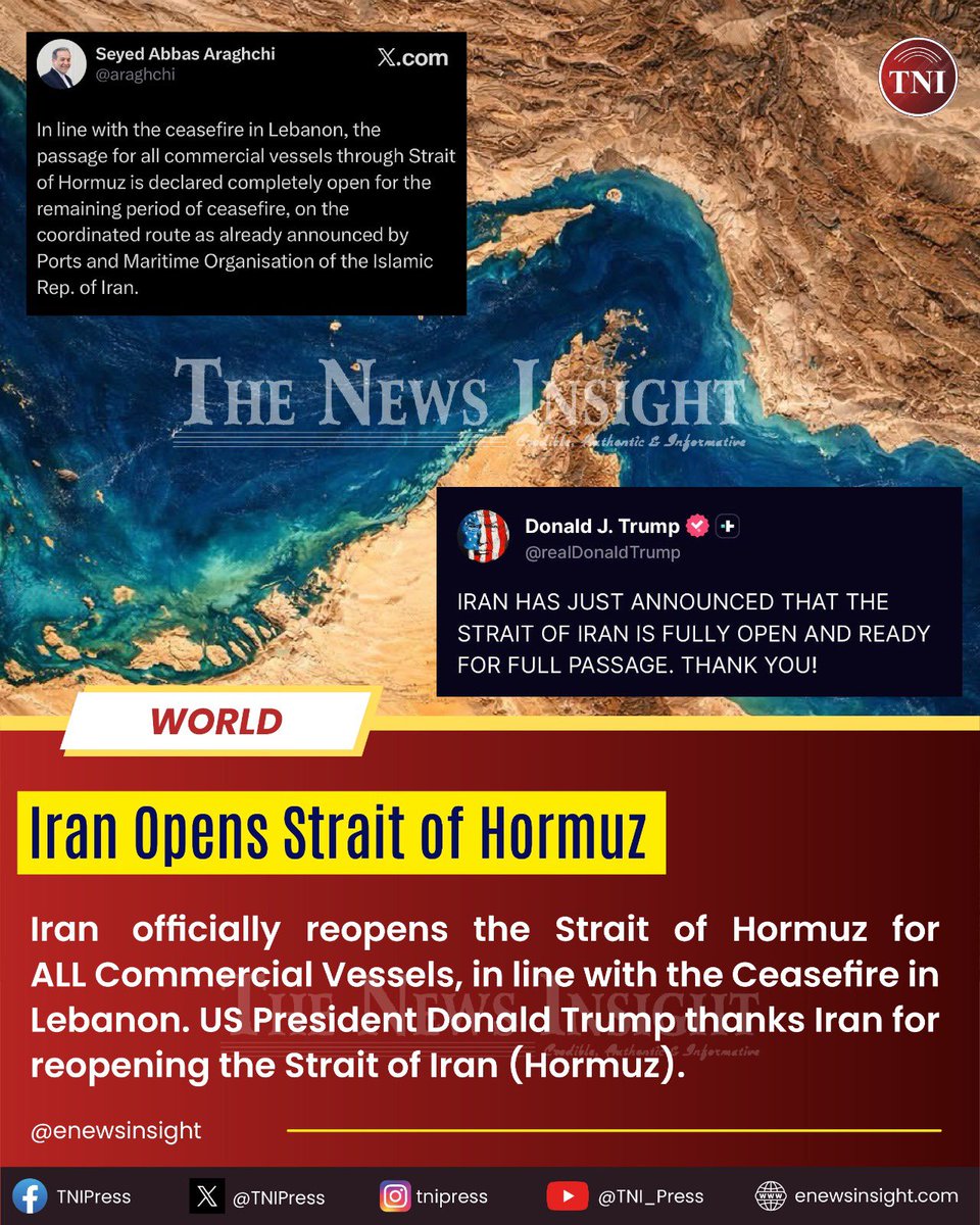 TNIPress's tweet image. 🔴 Iran Opens Strait of Hormuz. Trump calls it Strait of Iran. #TNI #Insight #TNIPress