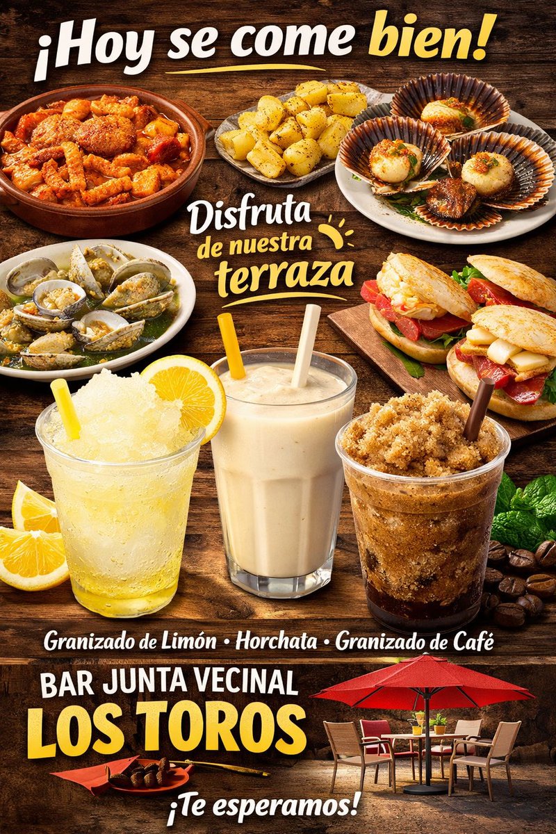 MarmorenoF's tweet image. 🔥 ¡Hoy se come de lujo!
Callos, zamburiñas, almejas, montaditos… 😋
Y para el calor: granizados, horchata y café ❄️☀️
¡Disfruta de nuestra terraza!

#EstamosEnElche #Tapeo #Terraza #futbol