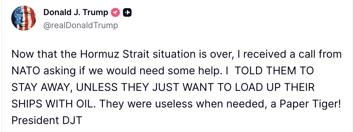 HarmeetSinghPk's tweet image. اب جب آبنائے ہرمز کی صورتحال ختم ہو چکی ہے، مجھے NATO کی طرف سے کال موصول ہوئی کہ کیا ہمیں کسی مدد کی ضرورت ہے۔
میں نے انہیں کہا دور رہیں، جب ضرورت تھی تب یہ بے کار تھے—اب اگر آنا ہے تو صرف اپنے جہاز تیل سے بھرنے کے لیے آئیں، یہ محض کاغذی شیر ہیں!😆🤣