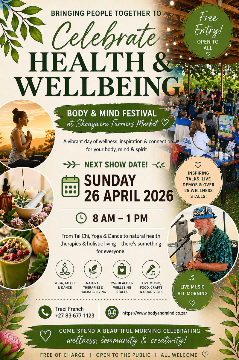 BodyandM's tweet photo. Bringing People Together to Celebrate Health &amp; Wellbeing 
Sunday, 26 April 2026 | 8AM – 1PM
📍 Shongweni Farmers Market
Join us for the Body &amp; Mind Festival experience — a morning of wellness stalls, inspiring talks, and live demos designed to nourish your body, mind, &amp; spirit. https://t.co/dW7u044XDB