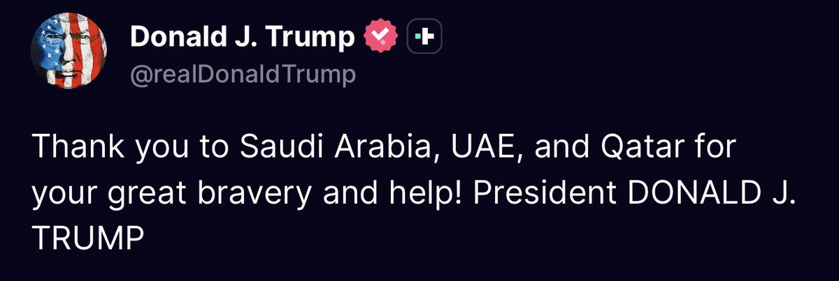 mfu46's tweet photo. ترامب : شكرًا للمملكة العربية السعودية والإمارات العربية المتحدة وقطر على شجاعتكم العظيمة ومساعدتكم! https://t.co/xqDvDWJtTI