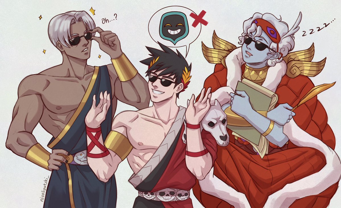Shades? Shades! Shadezzz… 🤔🤗😴
It’s the Daedalus shades ‘protective eyewear’ 

-My fave bois Than, Zag, and Hypnos being silly dorks