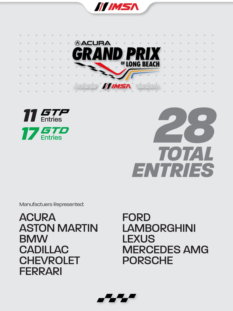 IMSA's tweet photo. Spotter Guide for the 2026 Acura Grand Prix of Long Beach!

🟢: Saturday, APRIL 18 | 4:05PM ET
📺: NBC, Peacock
🌍: IMSA YouTube Live, IMSA .tv
📻: IMSA Radio https://t.co/Zu3HWQPhRq
