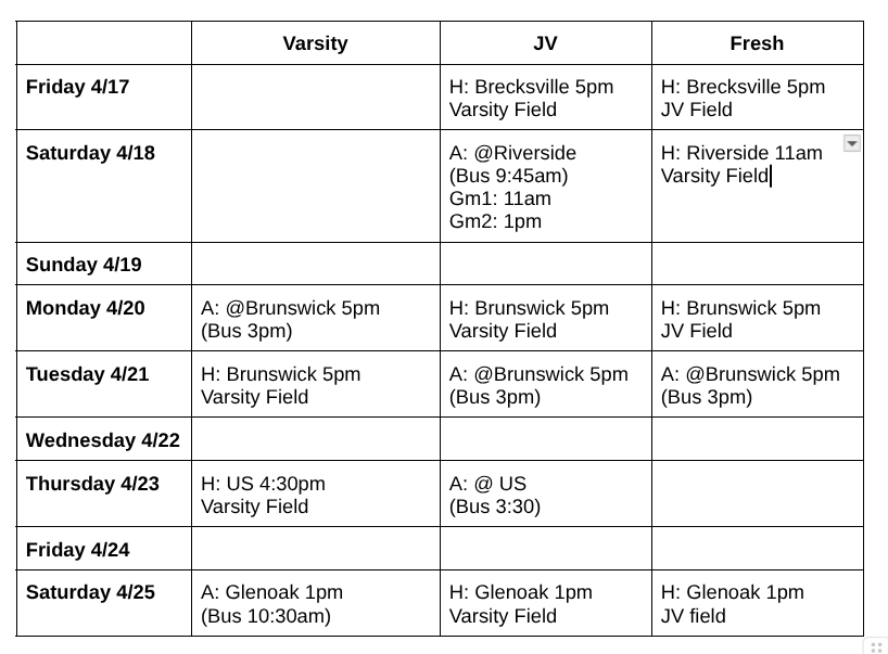 The schedule for all three levels for the next week