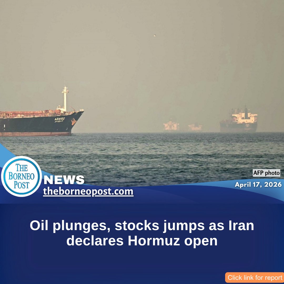 theborneopost's tweet image. Oil prices plunged over 10% while global stocks surged after Iran declared the Strait of Hormuz open for commercial vessels during a ceasefire period, easing supply disruption fears.
theborneopost.com/2026/04/17/oil…

#Oil #Markets #StraitOfHormuz #GlobalEconomy