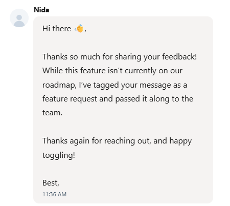 MattEason's tweet photo. Disappointing response from @toggl to my colleague who asked why desktop app doesn't respond to Windows font size preferences and why their web app isn't accessible (loads of unlabelled buttons when using screen reader). 

Asking for basic accessibility isn't a feature request https://t.co/zz2vuodweP