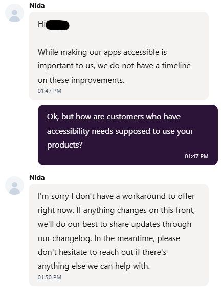 MattEason's tweet photo. Disappointing response from @toggl to my colleague who asked why desktop app doesn't respond to Windows font size preferences and why their web app isn't accessible (loads of unlabelled buttons when using screen reader). 

Asking for basic accessibility isn't a feature request https://t.co/zz2vuodweP