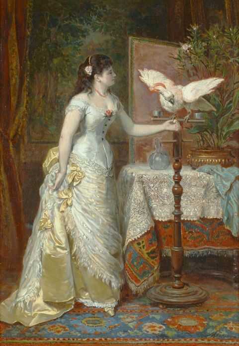 annie151092's tweet image. The painting is titled "Élégante à l'ara blanc dans un intérieur" (Elegant lady with a white macaw in an interior). It was created by the French academic painter Herman Maurice Cossmann (1821–1890). #paintings #art