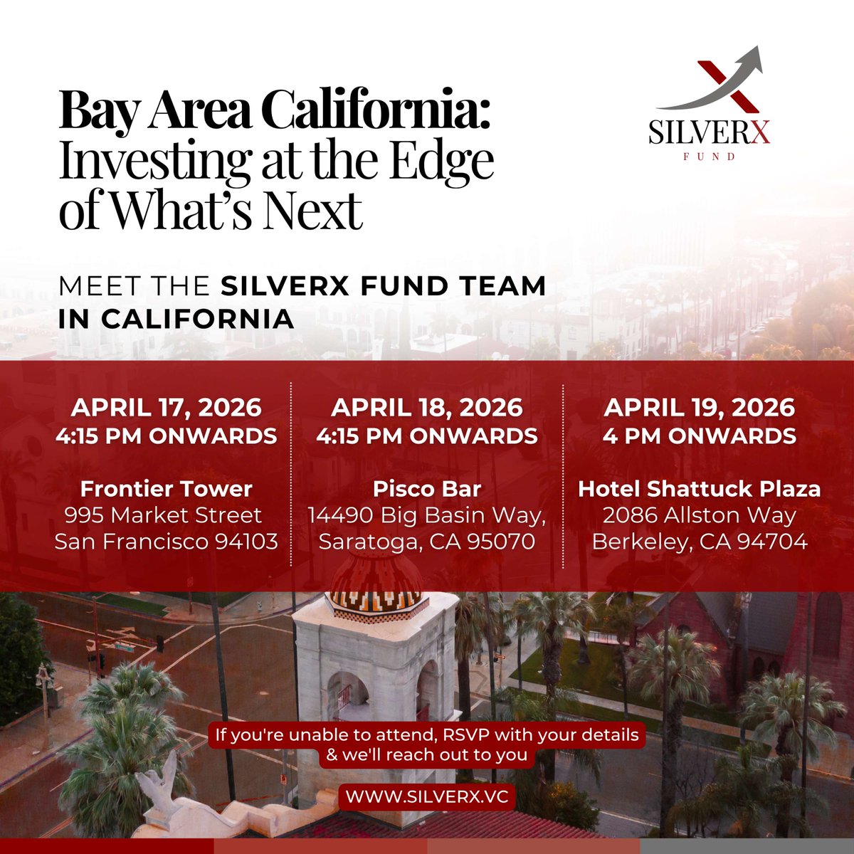 silverxfund's tweet photo. The #BayArea is next.

SilverX Fund is bringing its #USRoadshow across #SanFrancisco, #Saratoga, and #Berkeley, engaging with #Investors, #LPs, #Operators, and #EcosystemPartners shaping the future of innovation.

We look forward to conversations around #AIFirst infrastructure, #DeepTech, #Semiconductors, #QuantumComputing, and the next generation of globally relevant companies being built from #India.

RSVP to join us:

#SanFrancisco
https://t.co/ihcIspEYHe

#Saratoga
https://t.co/VcVCGaCjuc

#Berkeley
https://t.co/Jp6Bm8Y9M3

#SilverXFund #BayArea #InvestorRoadshow #VentureCapital #DeepTech