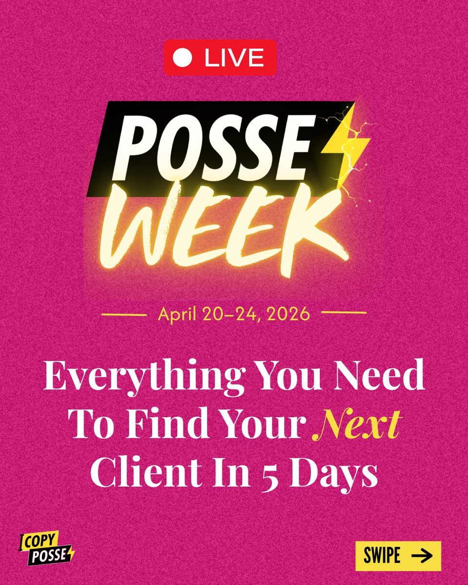 AlexCattoni's tweet photo. Posse Week is a LIVE 5-day online workshop for copywriters, marketers and creative service providers who are looking for their next client right now.⁠ ⁠ 

Hundreds of rad humans from all over the world have already signed up! Lets gooooooo.⁠

 🔗https://t.co/VP2ZzKGOG5 https://t.co/EVLQZiJmAl