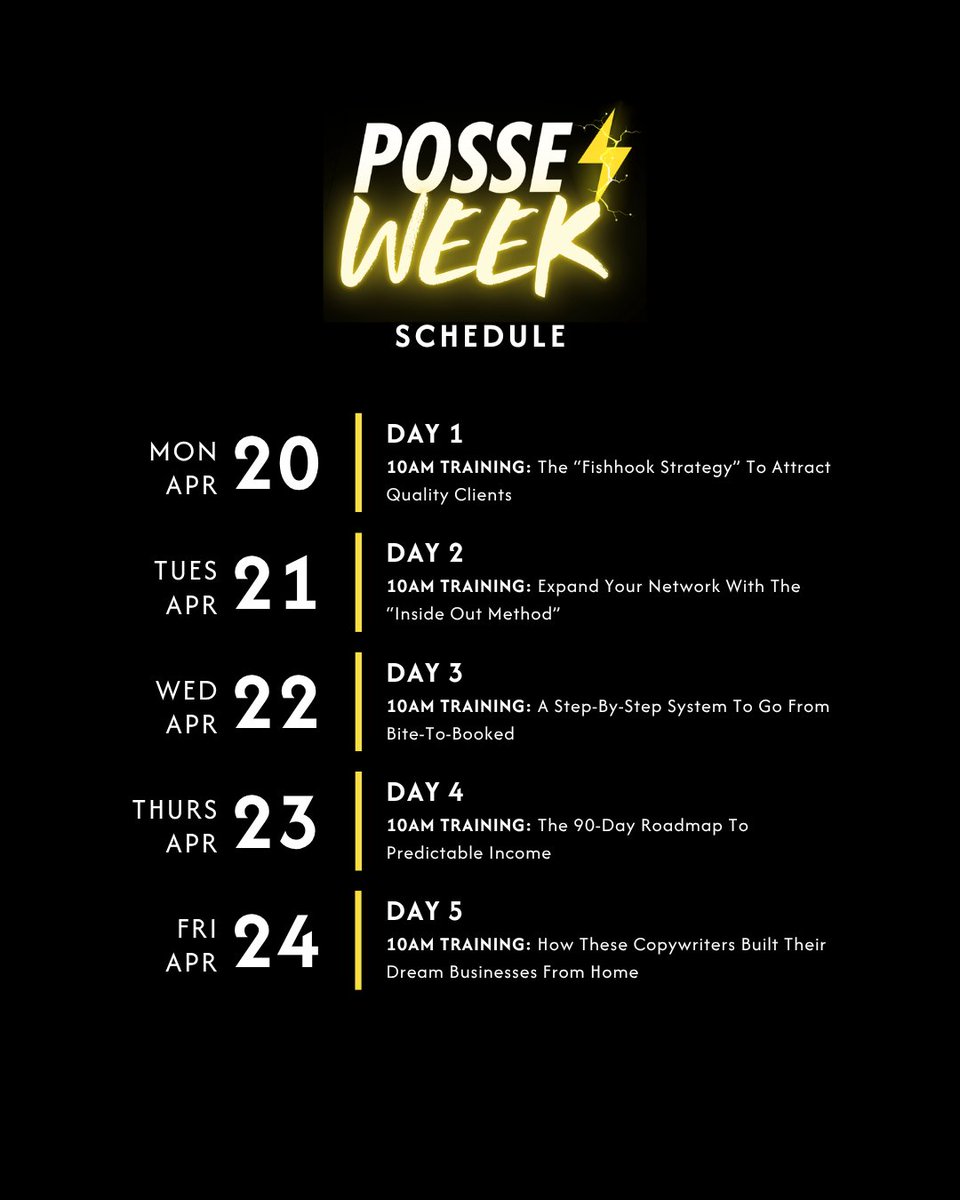AlexCattoni's tweet photo. Posse Week is a LIVE 5-day online workshop for copywriters, marketers and creative service providers who are looking for their next client right now.⁠ ⁠ 

Hundreds of rad humans from all over the world have already signed up! Lets gooooooo.⁠

 🔗https://t.co/VP2ZzKGOG5 https://t.co/EVLQZiJmAl