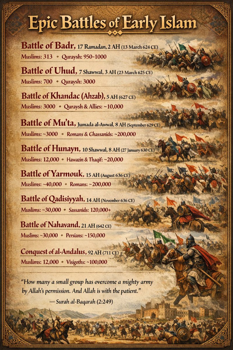 DeeOsit's tweet photo. 1. Battle of Badr — 17 Ramadan, 2 AH (13 March 624 CE)
Muslims: 313
Quraysh: 950–1000

2. Battle of Uhud — 7 Shawwal, 3 AH (23 March 625 CE)
Muslims: 700
Quraysh: 3000

3. Battle of Khandaq (Ahzab) — 5 AH (627 CE)
Muslims: 3000
Quraysh & Allies: ~10,000

4. Battle of Mu’ta — Jumada al-Awwal, 8 AH (September 629 CE)
Muslims: ~3000
Romans & Ghassanids: ~200,000

5. Battle of Hunayn — 10 Shawwal, 8 AH (27 January 630 CE)
Muslims: 12,000
Hawazin & Thaqif: ~20,000

6. Battle of Yarmouk — 15 AH (August 636 CE)
Muslims: ~40,000
Romans: ~200,000

7. Battle of Qadisiyyah — 14 AH (November 636 CE)
Muslims: ~30,000
Sassanids: 120,000+

8. Battle of Nahavand — 21 AH (642 CE)
Muslims: ~30,000
Persians: ~150,000

9. Conquest of al-Andalus — 92 AH (711 CE)
Muslims: 12,000
Visigoths: ~100,000

> “How many a small group has overcome a mighty army by Allah’s permission. And Allah is with the patient.”
— Surah al-Baqarah (2:249)