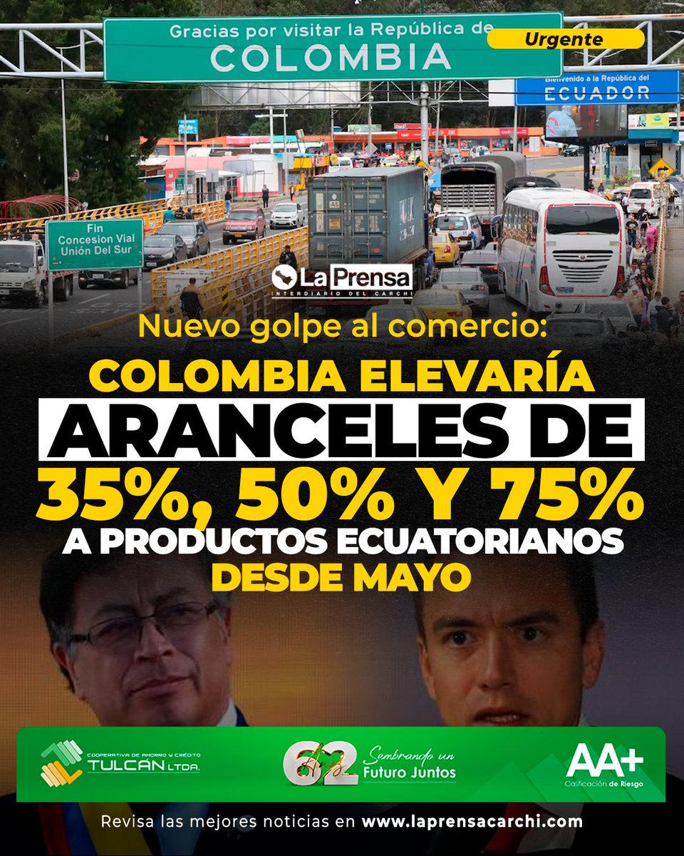laprensa04's tweet photo. ⚠️ Colombia plantea subir aranceles a Ecuador:
📈 35 %, 50 % y hasta 75 %
🗓️ Desde el 1 de mayo (propuesta)
Medida se analiza en medio de tensiones comerciales.
https://t.co/F8XrQUUR6D
En desarrollo. https://t.co/A5t83to16b