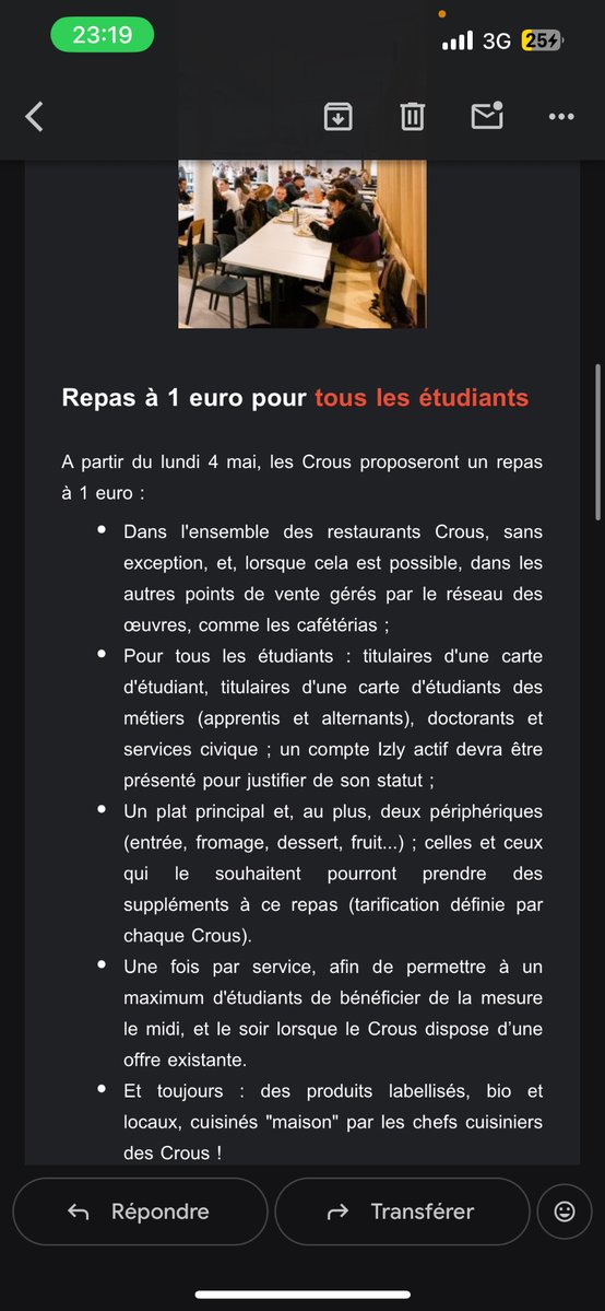 Pochtamga xabar kelibdi. Fransiyada barcha talabalar uchun endi ovqat 1 eur! ( avval stipendiantlarga …edi)
Ovqat, salat va meva (shirinlik).

Mana nimaga Fransiya ijtimoiy himoya jihatdan kuchlilardan biri!