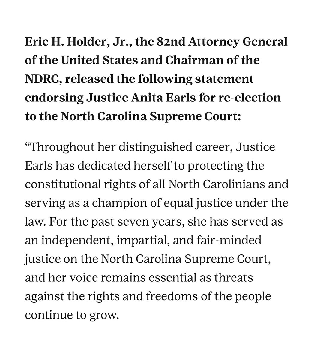 NCDemParty's tweet photo. “This election is truly consequential. The issues are very clear. The candidates could not be more different. Re-electing Justice Earls is critical to restoring a fair-minded majority on the North Carolina Supreme Court.”
— Eric Holder, 82nd US Attorney General https://t.co/BWPABrftT0