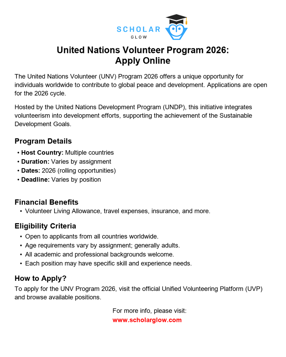 scholarglow's tweet image. 🚀 United Nations Volunteer Program 2026

📅 2026 (rolling opportunities throughout the year)
⏳ Deadline: Varies by position (apply as soon as possible)

More details:
scholarglow.com/united-nations…

#UNV #Volunteer #GlobalOpportunities #Peace #SustainableDevelopment