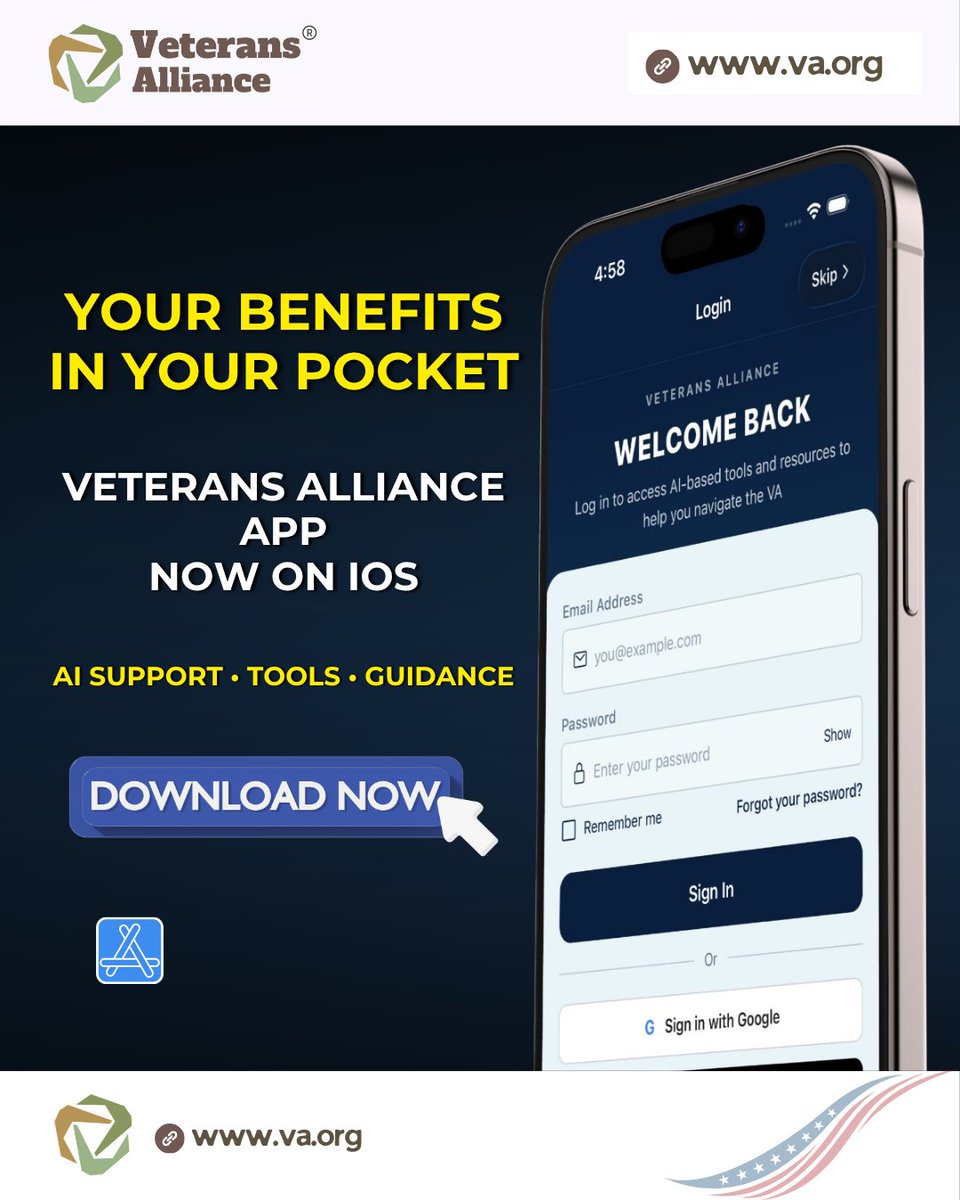 VeteranSupport9's tweet photo. The https://t.co/ktImWq2X7V app is now available on iOS, giving you access to AI-powered tools, benefits guidance, and real-time support—all in one place.

Explore more:
👉 https://t.co/dFNtnwXR20

#VeteransAlliance #VAorg #AppLaunch #VeteransApp #iOSApp #VA #SupportVeterans https://t.co/I3myw6uMx6