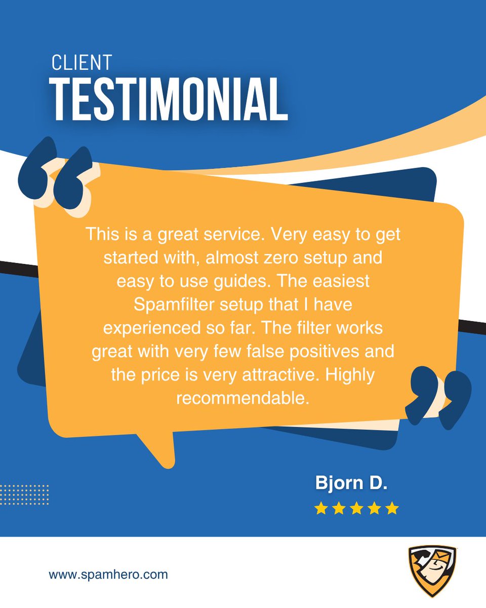 SpamHero's tweet image. Simple setup. 

Powerful protection. 

Minimal false positives. 

Real value for businesses of all sizes.

👉 Start your free trial today: spamhero.com

#spamhero #testimonial #emailsecurity #cybersecurity #spamfiltering