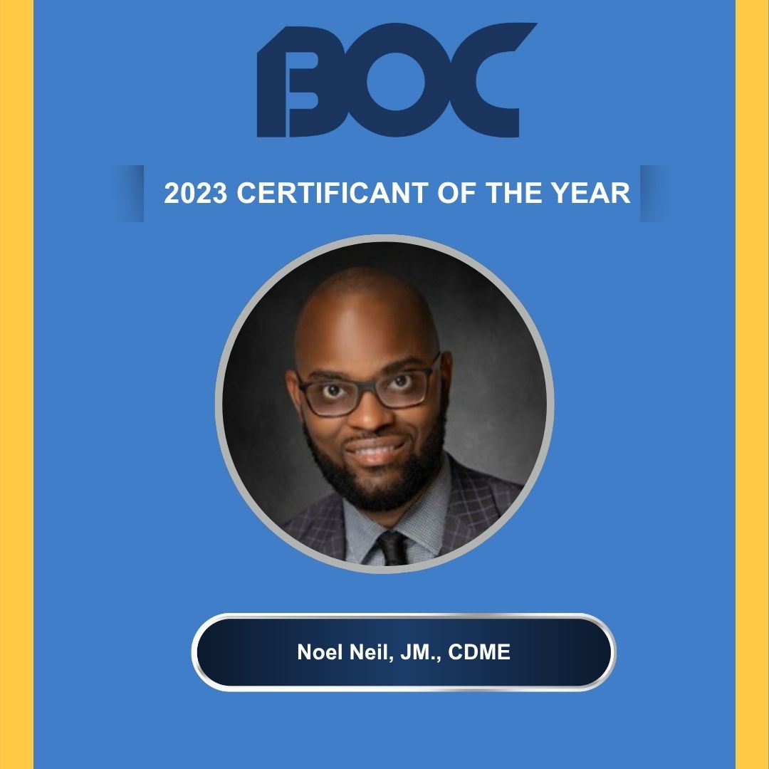 BOCIntl's tweet photo. As the first #CDME recipient, Noel Neil elevated national compliance education for DMEPOS providers. Elevate a leader who makes a difference; nominate your pick for the 2026 Certificant of the Year! 
📅 Deadline: June 15, 2026 🔗https://t.co/YtqmXWoZju https://t.co/vO9Zvi6Yr4