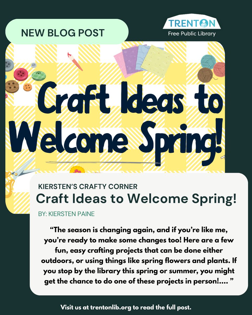 TrentonPubLib's tweet photo. Welcome spring with a fresh burst of creativity!

Explore Kiersten’s latest blog post for fun, easy DIY craft ideas you can try outdoors.

#CraftIdeas #WelcomeSpring #DIYProjects #TPFLBlog https://t.co/wXGPGDL8Ii