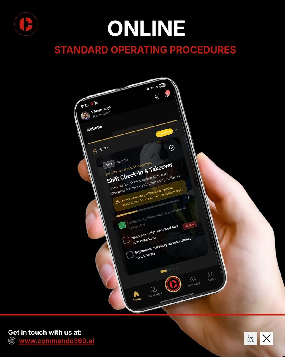 Commando360_AI's tweet photo. Paper SOPs fail the moment an incident starts.

https://t.co/fMxpR0Dh5r puts procedures on the guard's phone — step by step, right when they need it.

Faster response. Zero guesswork. Situation controlled.

🔗 https://t.co/zGrdoOgBUV
#SecurityOps #Commando360ai https://t.co/urfwWnQFPu