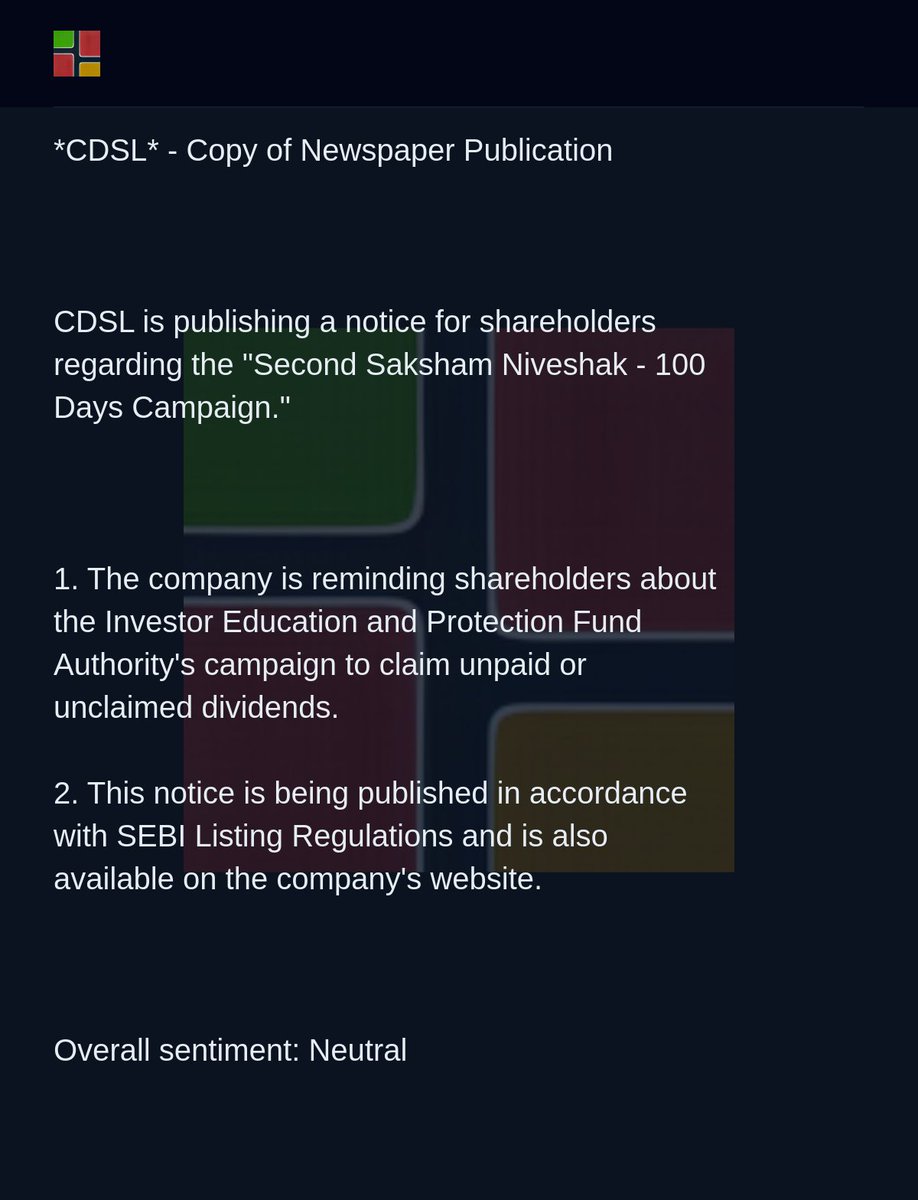 AppaniKaus91171's tweet image. *CDSL* - Copy of Newspaper Publication

CDSL is publishing a notice for shareholders regarding the "Second Saksham Niveshak - 100 Days Campaign."

1. The company is reminding shareholders about the Investor Education and... (full text in image) #StockMarket #Investing #Cdsl