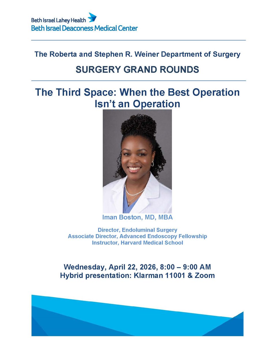 BIDMCSurgery's tweet image. For Surgical Grand Rounds on Wednesday, April 22, we will be joined by Iman Boston, MD, MBA, who will present: “The Third Space: When the Best Operation Isn’t an Operation”

To virtually join, email rbeijer@bidmc.harvard.edu for more details. 
 
#BIDMC #Grandrounds