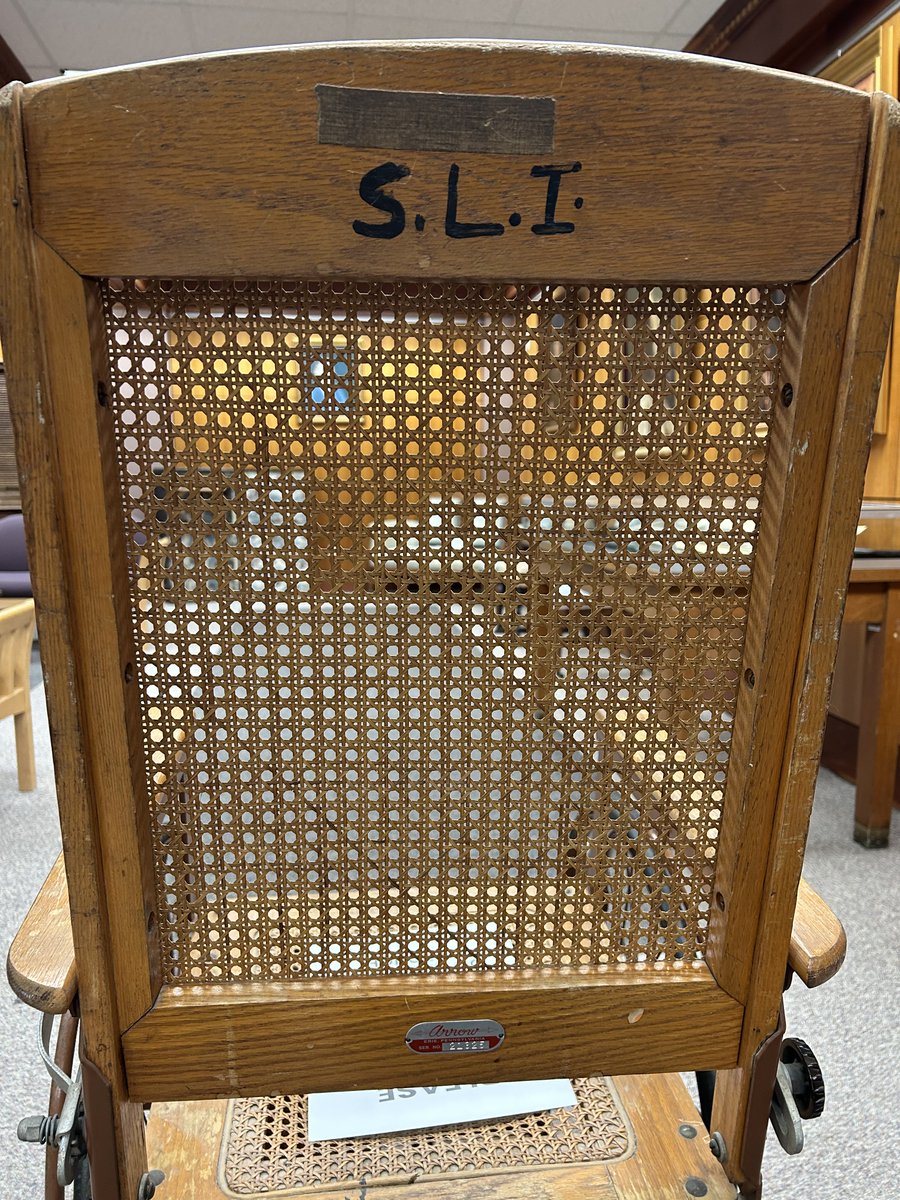 ULSpecColl's tweet photo. New in the Jefferson Caffery Reading Room, a Nursing Department wheelchair from the SLI era (1920s–1950s).

A glimpse into past medical care, and how far it’s come. https://t.co/cpMEnICSHr