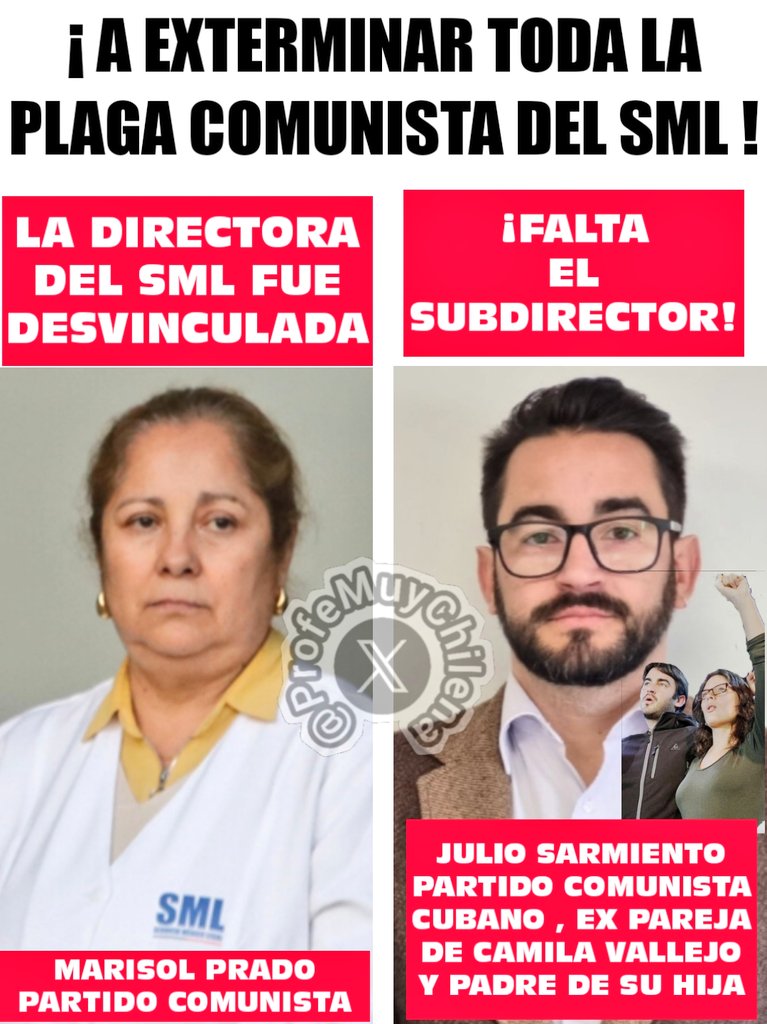 🔴🚨 #ALERTA 🚨🔴

Aún queda PLAGA COMUNISTA en el SERVICIO MÉDICO LEGAL !

DIRECTORA NACIONAL del SML MARISOL PRADO ( PARTIDO COMUNISTA ) ya fue DESVINCULADA !

FALTA SACAR al SUBDIRECTOR JULIO SARMIENTO ... CUBANO , del PARTIDO COMUNISTA y EX de CAMILA VALLEJO !

<a href="/MinjuDDHH/">Ministerio de Justicia y Derechos Humanos</a> 👇