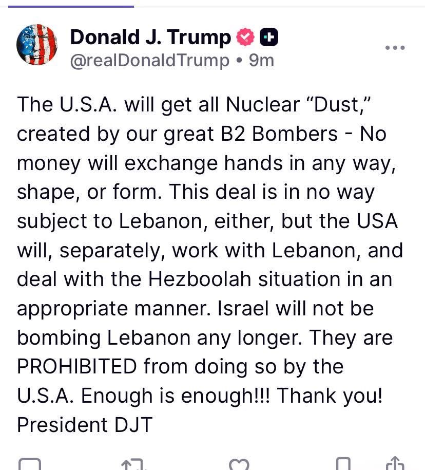 najahmalii's tweet photo. ترامب في منشوره على تروث سوشيال:
«إسرائيل لن تقصف لبنان بعد الآن. هي ممنوعة من القيام بذلك من قبل الولايات المتحدة. كفى يعني كفى!!!»

✍️ هذه الكلمات حازمة وقوية جداً، وتخرج عن الدبلوماسية التقليدية، إذ تعكس محاولة لإبراز سيطرة أمريكية حاسمة على قرارات الكيان، وربما تستهدف الجمهور الداخلي لإ��هار القوة والحسم.
ترامب صوّر نفسه في هذا المنشور كالقائد القادر على كبح الكيان الصهيوني متى شاء.