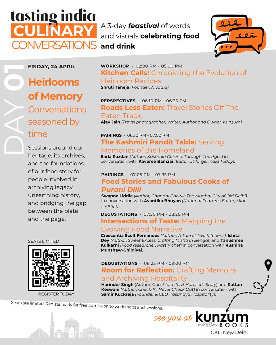 RushinaMG's tweet photo. I am excited to share the final program for Tasting India: Culinary Conversations. It's all happening at @kunzum, from 24 to 26 April 2026! @sourishb1963 , @ajayjain, and I have put together a 'feastival' 
Registration is FREE through the QR. Seats are limited 😊! Go on ! https://t.co/zHt3IDbSLf