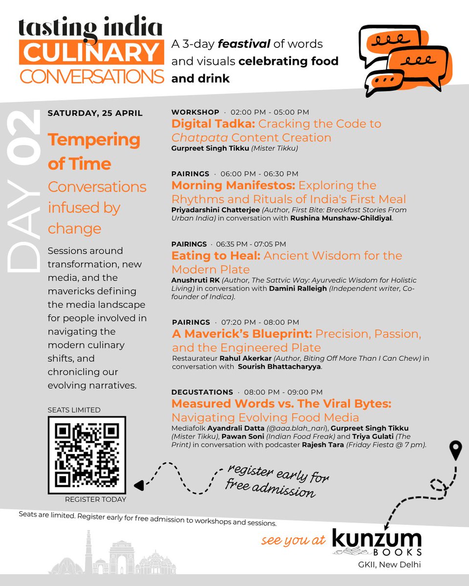 RushinaMG's tweet photo. I am excited to share the final program for Tasting India: Culinary Conversations. It's all happening at @kunzum, from 24 to 26 April 2026! @sourishb1963 , @ajayjain, and I have put together a 'feastival' 
Registration is FREE through the QR. Seats are limited 😊! Go on ! https://t.co/zHt3IDbSLf