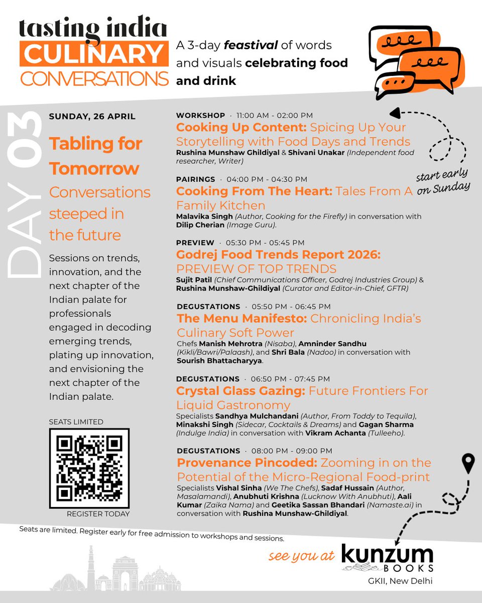 RushinaMG's tweet photo. I am excited to share the final program for Tasting India: Culinary Conversations. It's all happening at @kunzum, from 24 to 26 April 2026! @sourishb1963 , @ajayjain, and I have put together a 'feastival' 
Registration is FREE through the QR. Seats are limited 😊! Go on ! https://t.co/zHt3IDbSLf