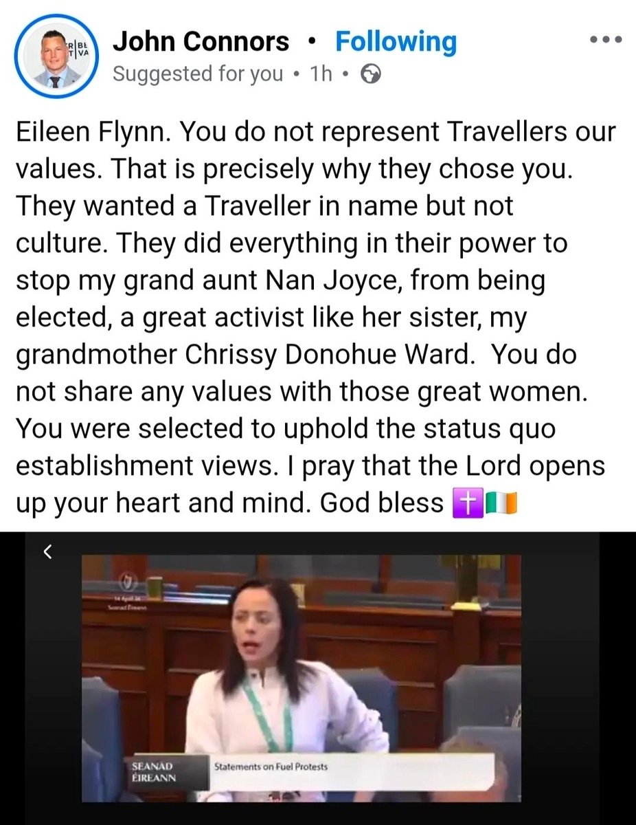 SuzieD755164's tweet image. Well known #Irish actor, movie director (The Black Guelph) and member of the travelling community John Connors has his say on Senator Eileen Flynn's outrageous anti Irish discriminatory and racist remarks. Flynn is also a member of the travelling community.