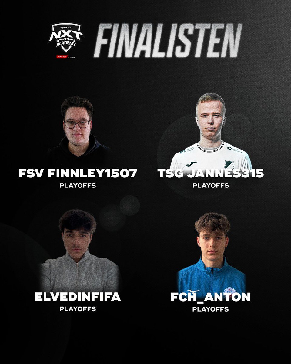 EsportsPlayerF1's tweet photo. Morgen stehen die MMS NXT Gen Academy Finals an! 🔥

Nachdem unsere Top 4 der Showdowns bereits gesetzt waren, haben sich FSV Finnley1507, TSG Jannes315, ElvedinFIFA und FCH_Anton über die Playoffs qualifiziert 💪 https://t.co/wM5VYw5EtL