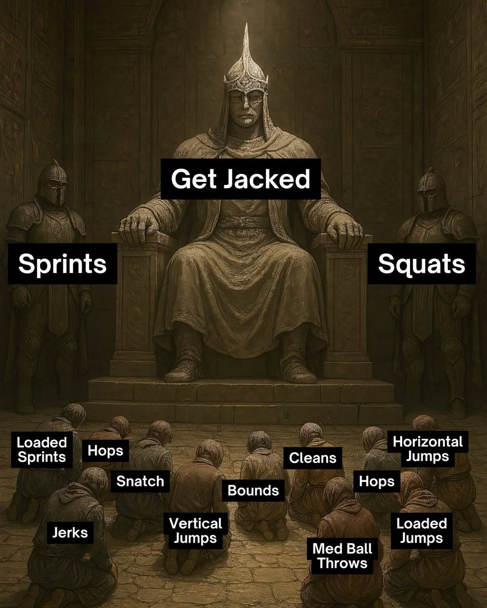 jtperformance__'s tweet photo. How to Build ‘Power’

Most people think that increasing your power makes you:

-              smash tackles
-              sprint faster
-              dominate collisions
-              jump higher

That’s not accurate.  

In fact, chasing power (force x velocity) shouldn’t be the end goal

If you want to move yourself faster, jump higher, or hit someone harder -

You need to change or express your own momentum (mass x velocity) 

Power doesn’t change momentum. Impulse does.

There’s two ways to increase impulse 
(force x time)

You produce more force

And/or

 2. You do it over a longer period of time

But usually in sport - you can’t extend the time.

You need to produce force rapidly to hit someone hard, sprint fast, or dominate a collision.

That’s why I believe most contact athletes should focus on getting strong and sprinting. It will not only improve your force production, but your ability to apply it within the specific time period of the sport.

Yet, context is king. It does depends what your current strength and weakness are (see my last few posts). But for most contact athletes, I think this is a pretty useful ranking of power exercises.