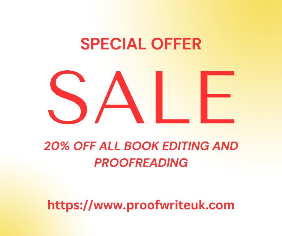 proof_uk's tweet image. Flash Sale!
20% off all book #copyediting and #proofreading packages at ProofwriteUK proofwriteuk.com
Limited time offer - get it while it lasts.