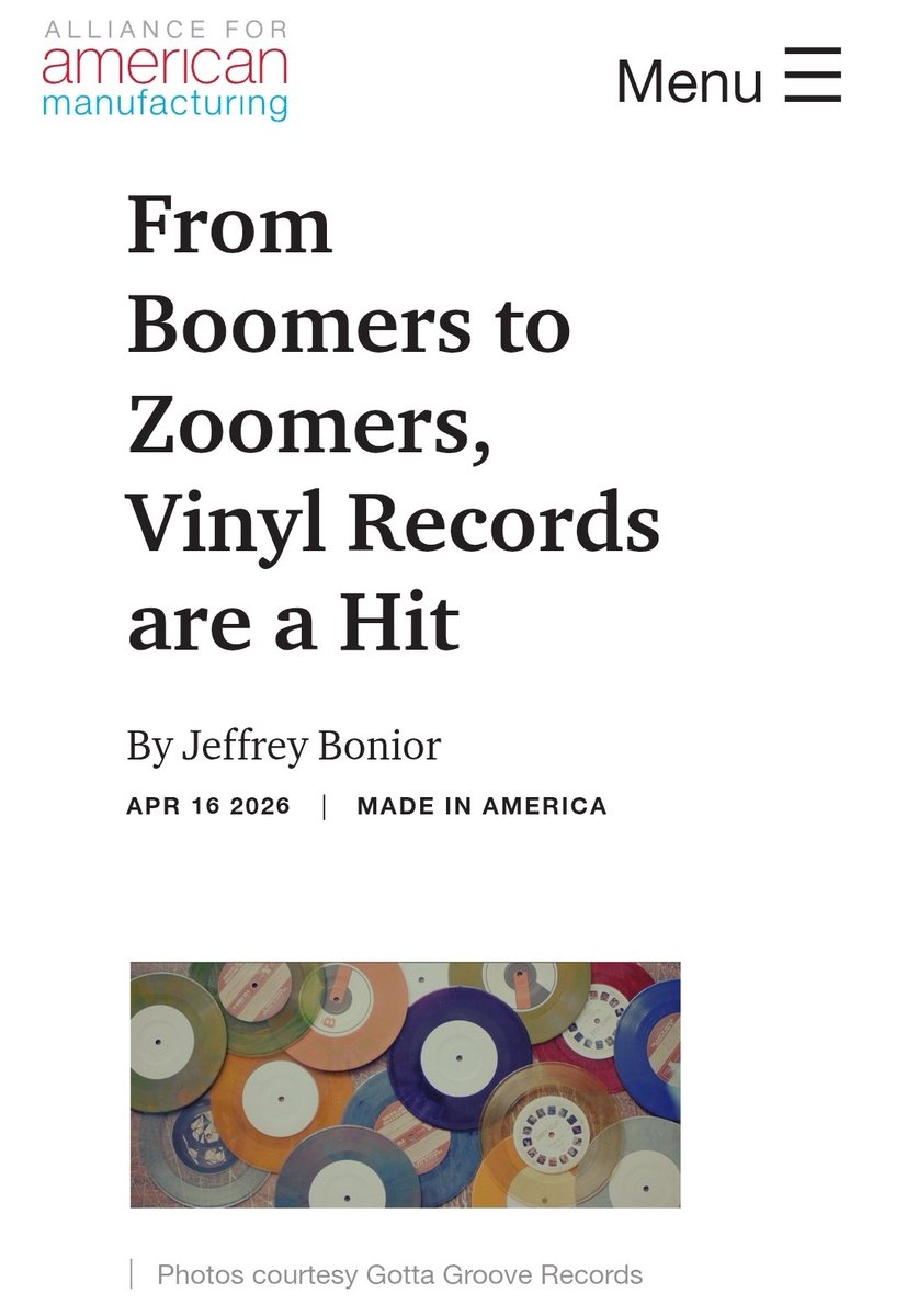 KeepitMadeinUSA's tweet image. 🎶 Vinyl is spinning back in a big way.

From Boomers to Gen Z, records are booming and American manufacturers like @gottagrooverecs in Ohio are pressing the hits.

Read and share:
americanmanufacturing.org/blog/from-boom…

#MadeInUSA #Manufacturing #RecordStoreDay @JeffBoniorAAM 💪