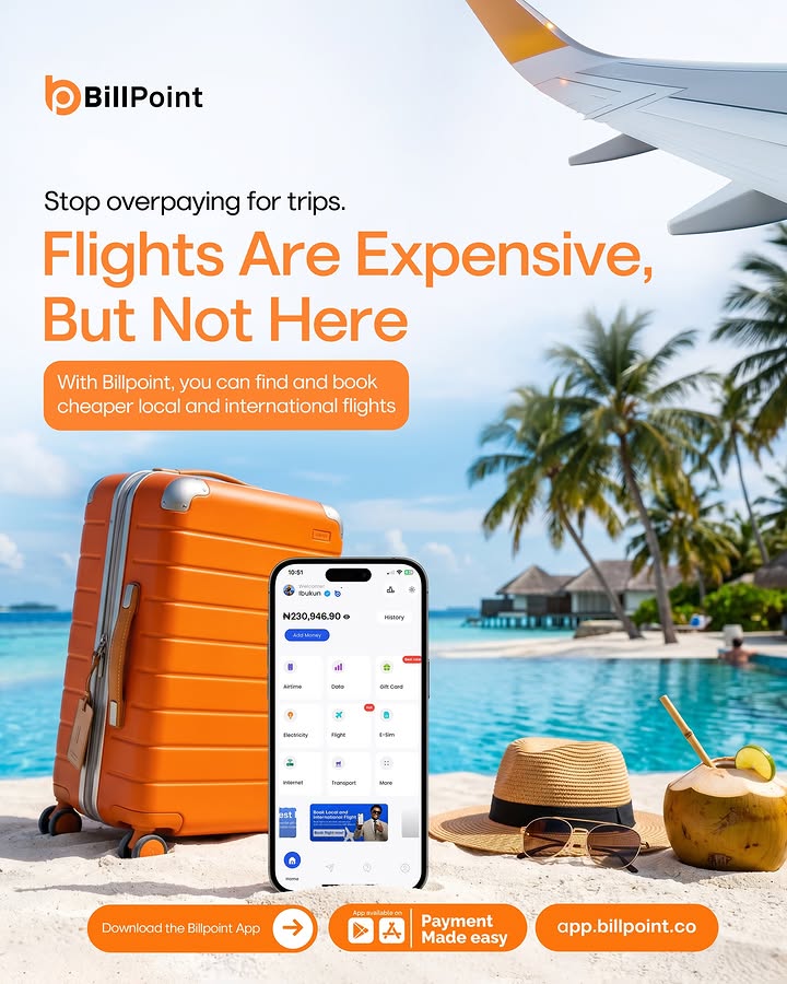 Billpointafrica's tweet image. Planning a trip shouldn't feel like work. 

With Billpoint, you can find and book local and international flights easily, without jumping between apps or overpaying. 

Everything you need, all in one place. 

#Billpoint #Flightbooking #Travelsmart