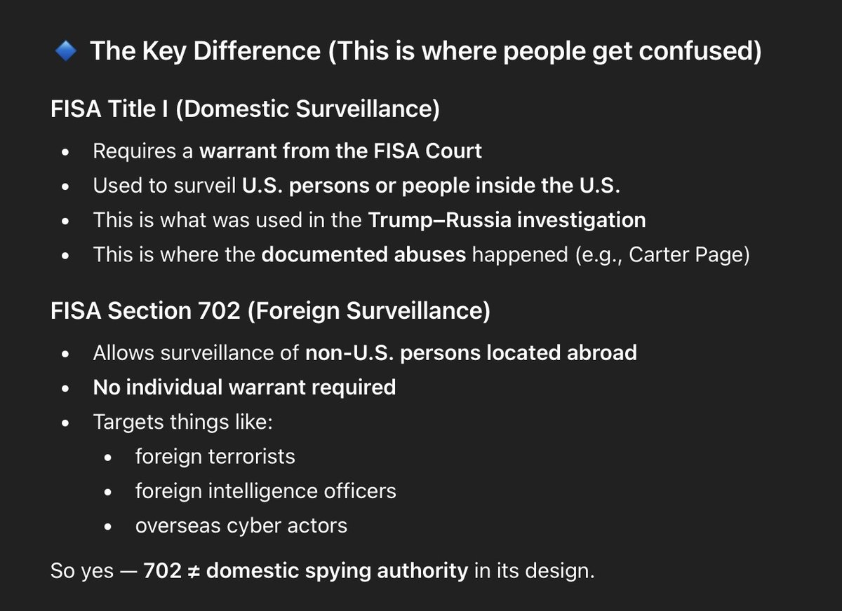 MiaSardinella's tweet photo. President Trump is saying:
FISA 702 is critical for national security. It’s nothing new. FISA 702 is already in effect and protects our troops. It’s simply up for renewal April 20th.

It supports:
military targeting
counterterrorism
cyber intelligence

Massie is conflating the two FISA‘s and telling everyone Trump wants to spy on Americans. FISA Title I is domestic and requires a warrant - which Democrats abused anyway on Trump. FISA 702 is foreign surveillance and requires less hurdles.

The only ones to be scared are those such as Tucker Carlson who communicate with foreign adversaries.

Section 702 is designed for foreign surveillance, not domestic spying. It does not require individual warrants for foreign targets. Trump is pushing a clean reauthorization for national security reasons. Stop the BULLSHIT.
