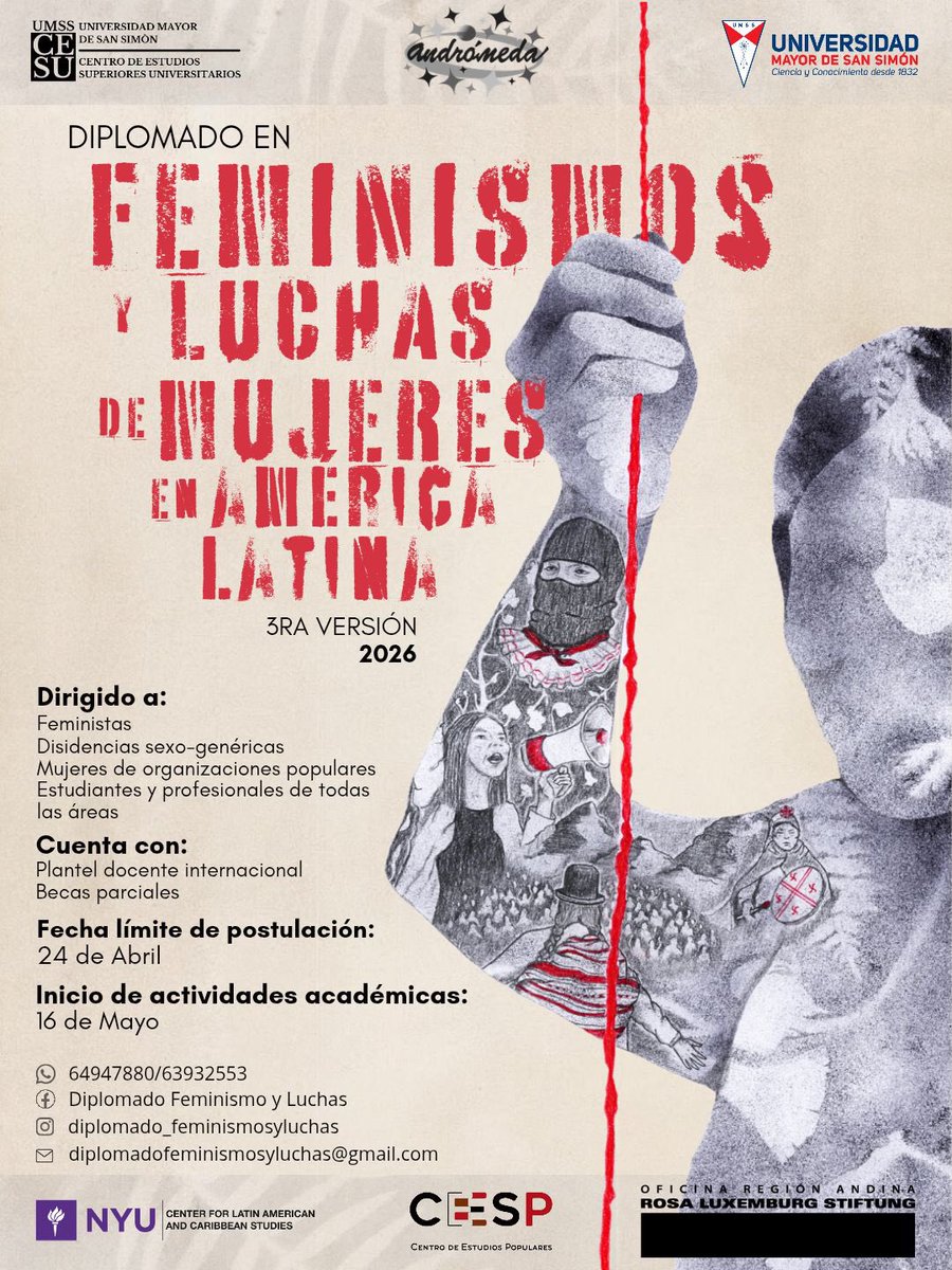 #Recomendado 🍃 Te invitamos a postular al Diplomado en Feminismos y Luchas de Mujeres en América Latina, un espacio de formación crítica

🗓 Postúlate hasta el 24 abril 2026

✒️ 𝗙𝗼𝗿𝗺𝘂𝗹𝗮𝗿𝗶𝗼 𝗱𝗲 𝗣𝗿𝗲-𝗜𝗻𝘀𝗰𝗿𝗶𝗽𝗰𝗶𝗼́𝗻: forms.gle/k8srGXKnxA3VKF…