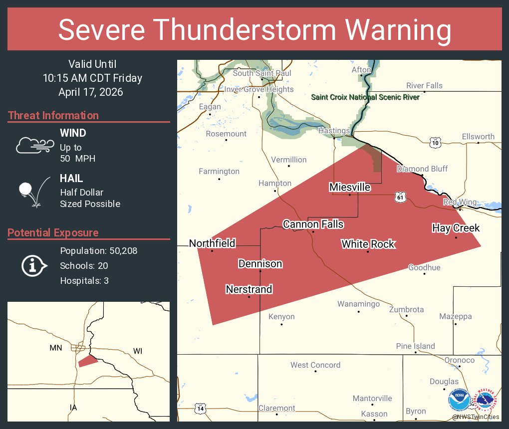 NWSTwinCities's tweet photo. Severe Thunderstorm Warning including Northfield MN, Cannon Falls MN and  Randolph MN until 10:15 AM CDT https://t.co/IbNBA1Lv2P
