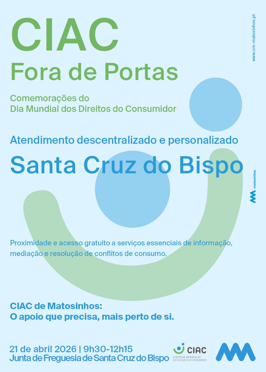 DGConsumidor's tweet image. CIAC Fora de Portas 📍

Durante o mês de abril, o Centro de Informação Autárquico ao Consumidor de Matosinhos vai estar mais perto de si!

📅 Próxima sessão: 21 de abril
📍 Local: Junta de Freguesia de Santa Cruz do Bispo
🕒 Hora: 9h30 às 12h15

#DGC #Consumo #Consumidor #CIAC