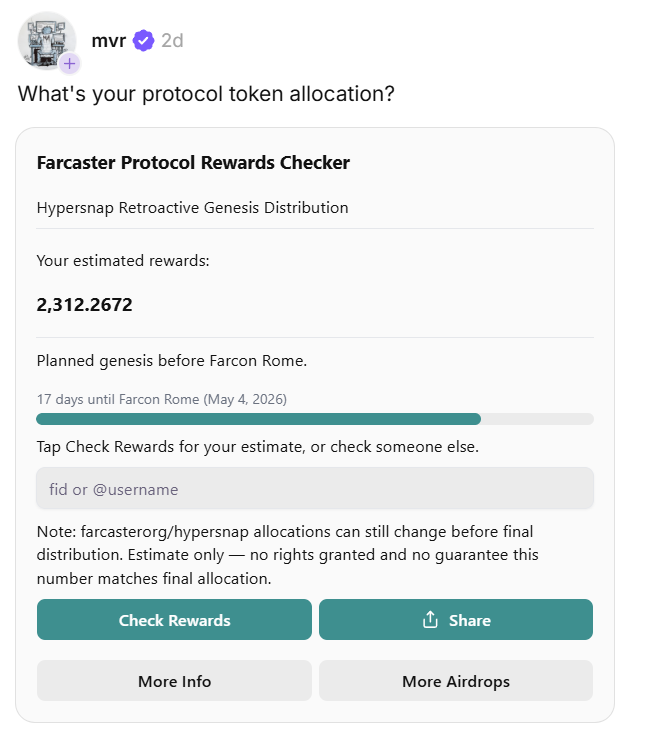 SecretoDefi's tweet photo. Nuevo Airdrop para los usuarios de Farcaster

Farcaster Protocol acaba de sacar el checker para comprobar el allocation de retro rewards

Para que no haya dudas, este Airdrop es por parte de Hypersnap, la nueva dApp que esta construyendo el ex-equipo de Farcaster

Simplemente poniendo vuestro username vais a poder ver vuestros futuros tokens:

🔗 https://t.co/hS67HsuZNI

En mi caso, me caerán 2300 tokens (total supply 2B/200M para el Airdrop)

El reparto se hará el próximo 4 de Mayo

Ojo, la asignación final puede variar

¿Cómo te ha ido a ti?