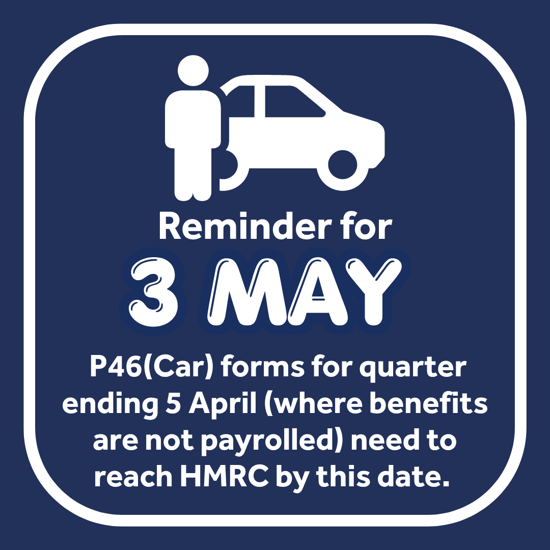 The deadline for printed P46(Car) forms is approaching!

Make sure you complete yours by 3 May.  

Our team can help you stay compliant with your employer responsibilities.

Contact us for support today. 

#P46Car #EmployeeBenefits