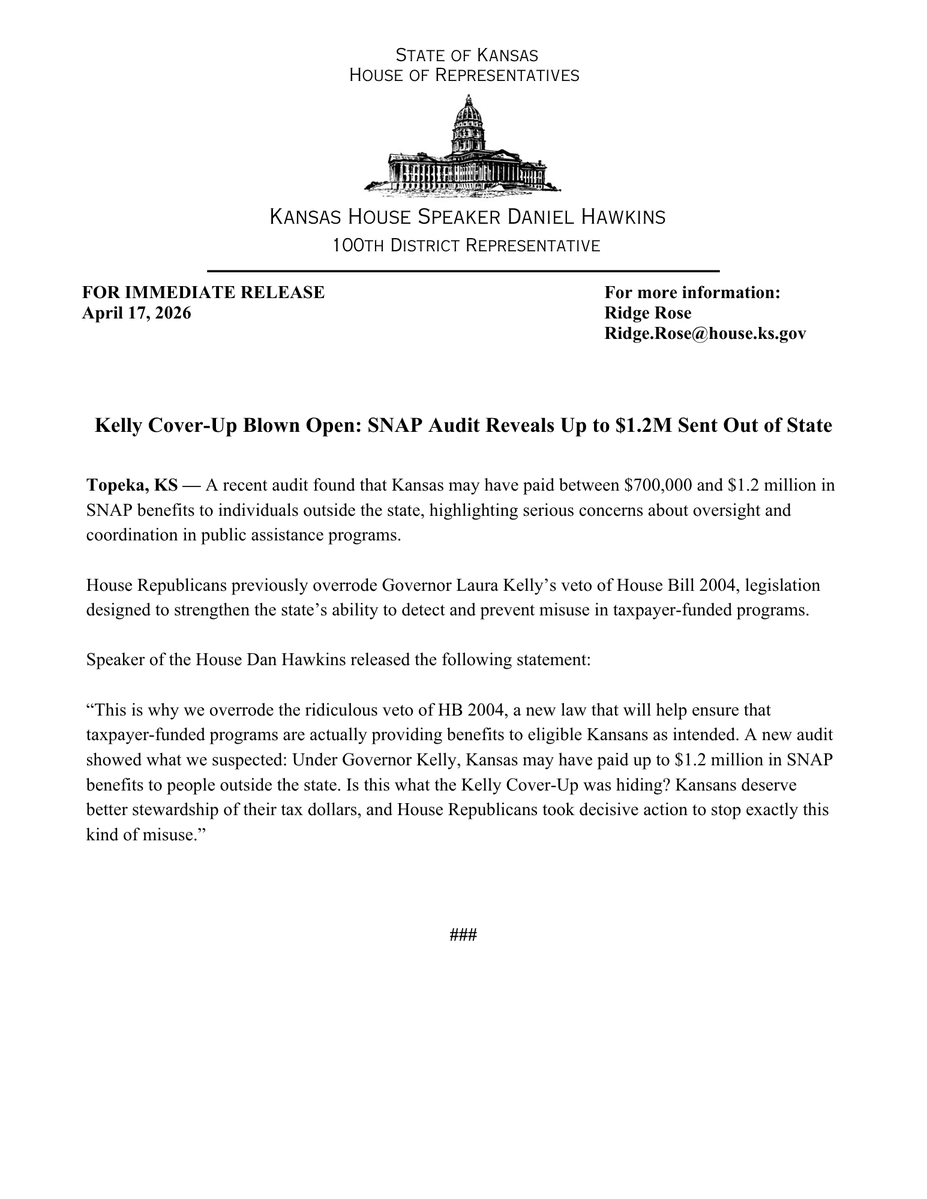 DanHawkinsKS's tweet image. Below is my statement on the audit revealing up to $1.2 million in SNAP payments went to out of state residents: #ksleg